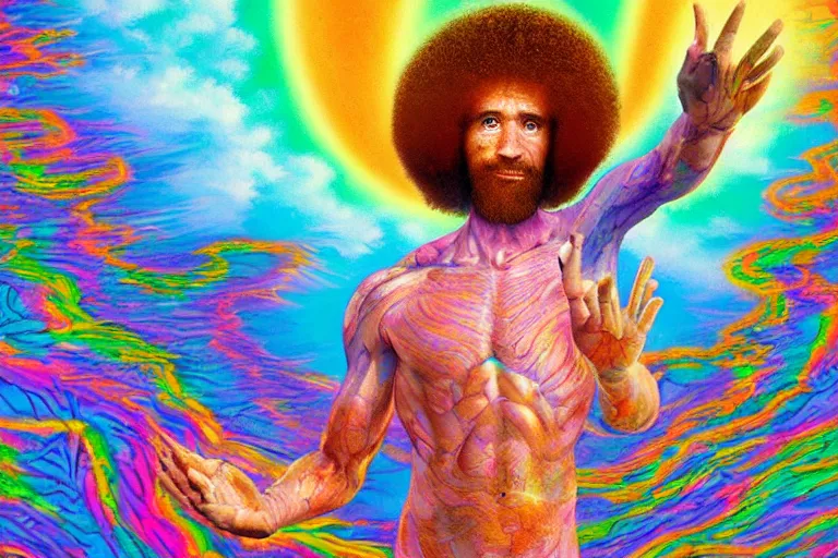 Image similar to google satellite view of a god transubstantiating into a human being, highly detailed, realistic, illustrated by bob ross and lisa frank
