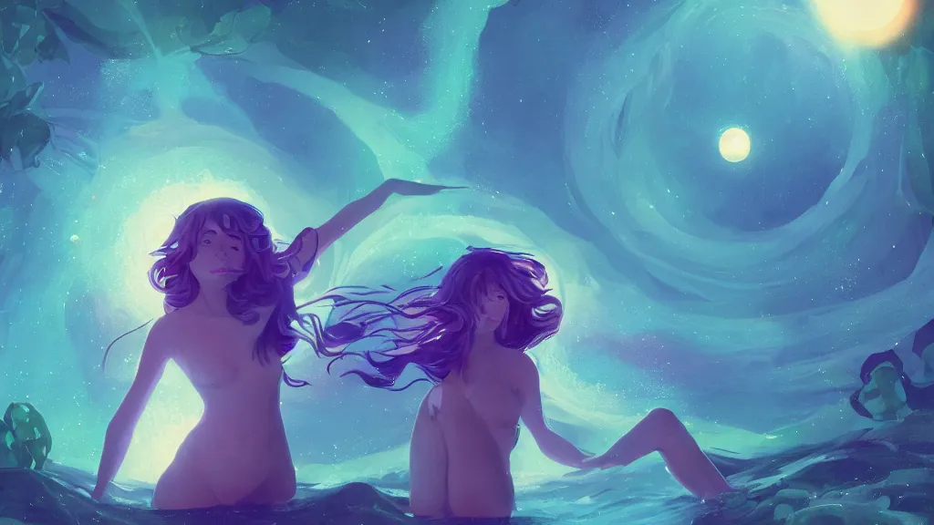 Image similar to one beautiful whimsical goddess standing in a lake basking in the moonlight, underneath a multi-colored binary blackhole with an accretion disc, glowing trails following her arms, by Lois van Baarle, by Greg Rutkowski, by artgerm, by beeple, by studio ghibli, cinematic angle, volumetric lighting, 4k resolution, octane render, trending on artstation, masterpiece