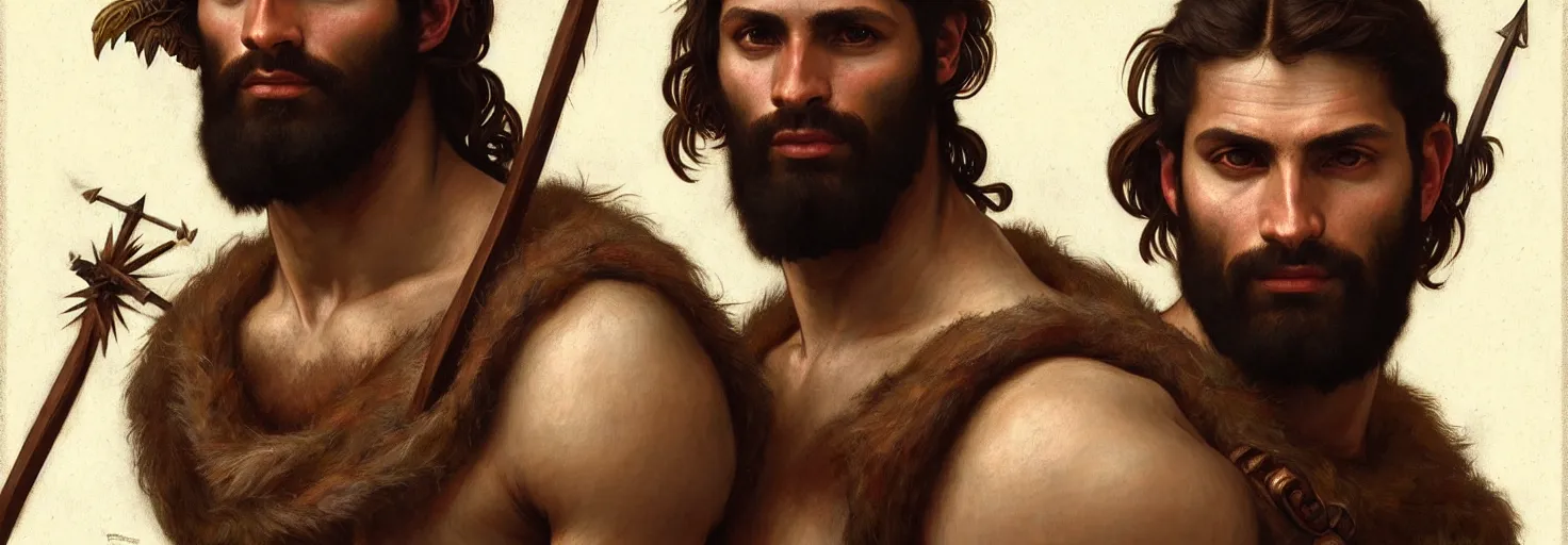 Prompt: renaissance upper body portrait of a gruff ranger with a spear, Ethiopian, lean and toned, handsome face, hairy chest, D&D, intricate, elegant, highly detailed, digital painting, artstation, concept art, matte, sharp focus, illustration, art by da Vinci, Artgerm and Greg Rutkowski and Alphonse Mucha