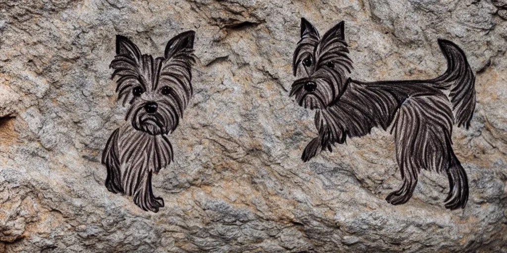 Image similar to A Yorkshire Terrier roughly sketched on the wall of a cave, a petrogliph, stone art by Pueblan peoples, stone art