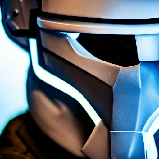 Prompt: close - up cyberpunk stormtrooper, moody lighting, 8 k, shallow depth of field, cinematic lighting,