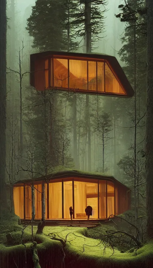 Image similar to cozy ultra modern home in the woods moody lighting, highly detailed, painting by zdzisław beksinski and norman rockwell and greg rutkowskiweta studio, and lucasfilm