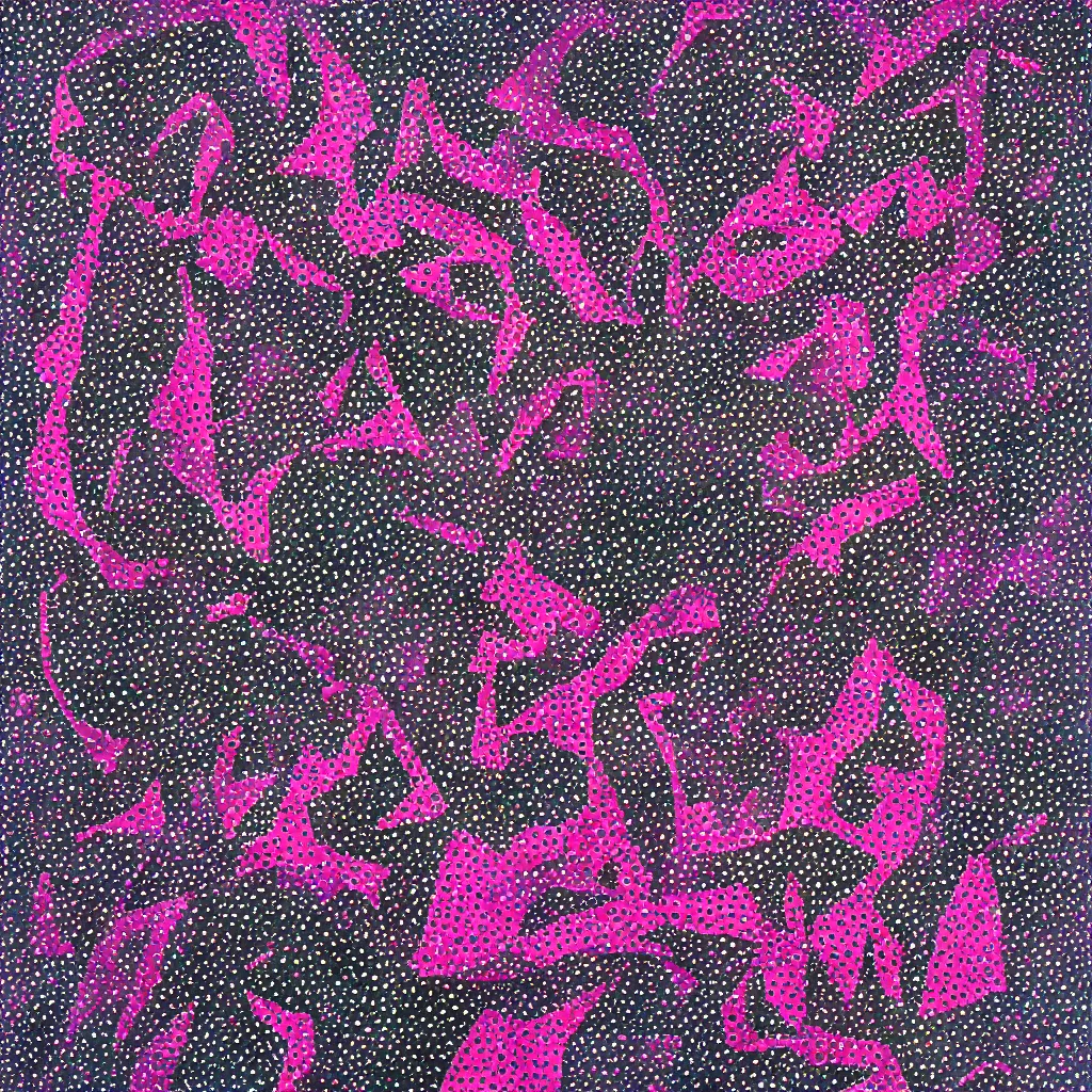 Image similar to camo made of out teeth, smiling, abstract, maya bloch artwork, pink convertible, do hoang tuong artwork, cryptic, dots, stipple, lines, splotch, concrete, color tearing, pitch bending, faceless people, tribal, dark, ominous, eerie, minimal, points, technical, painting