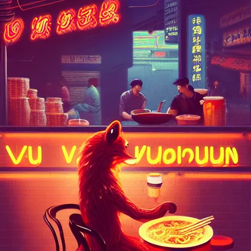 Image similar to illustration of an anthropomorphic vulpes vulpes fulva woman at a noodle stand eating ramen in the crowded street of a cyberpunk city, rain, harsh neon lighting, realistic, ultra detailed, by greg rutkowski, wlop, sakimichan, artgerm