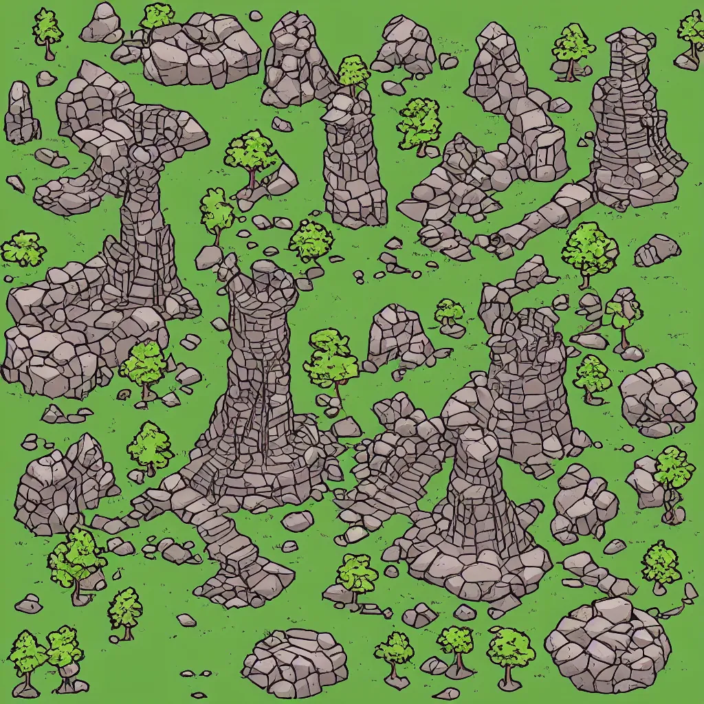 Image similar to ground, tree, rock and wizard tower, on a lineart tileset