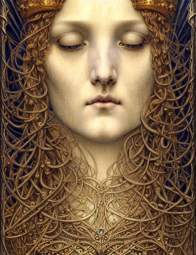 Image similar to detailed realistic beautiful young medieval queen face portrait by jean delville, gustave dore and marco mazzoni, art nouveau, symbolist, visionary, gothic, pre - raphaelite. horizontal symmetry