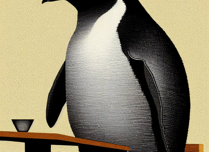 Image similar to portrait of a sad penguin sitting at a table, Mads Berg, Karolis Strautniekas, stippled light, editorial illustration, detailed,fine texture, textured, matte print