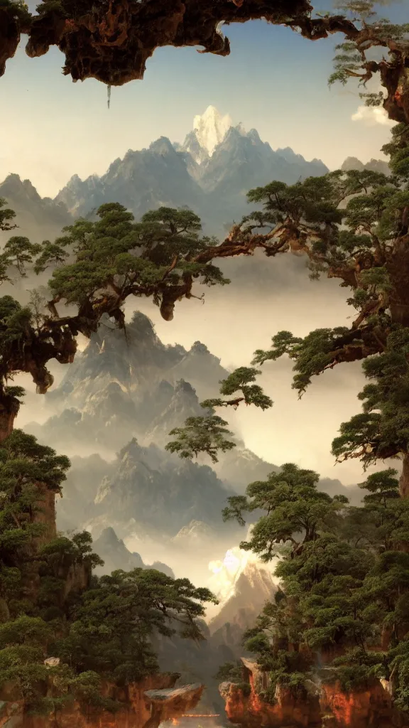 Prompt: 美 丽 的 七 彩 云 ， 天 宫 ， 中 国 建 筑 城 堡 ，, by albert bierstadt, 3 d, 8 k, full - hd
