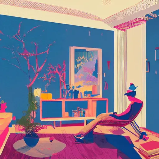 Image similar to illustration of a living room where there is a lot of painting canva displayed on the walls, by Victo Ngai and James Gilleard and Bruce Pennington