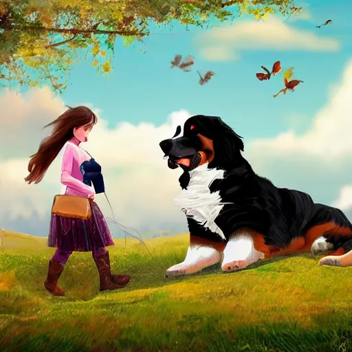 Image similar to girl riding giant Bernese Mountain Dog in the park, trending on artstation