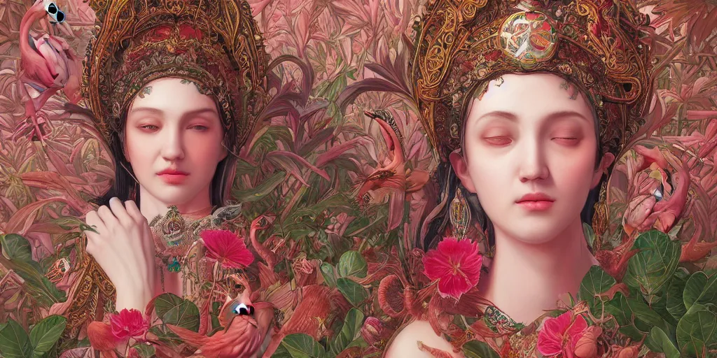 Prompt: breathtaking detailed concept art painting of the goddess of flamingo, orthodox saint, with anxious, piercing eyes, ornate background, amalgamation of leaves and flowers rafflesia arnoldii, by Hsiao-Ron Cheng and John James Audubon, extremely moody lighting, 8K