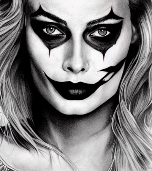 Image similar to tattoo design sketch of beautiful margot robbie portrait with joker makeup, in the style of den yakovlev, realistic face, black and white, realism tattoo, hyper realistic, highly detailed