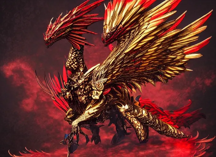 Prompt: Majestic winged dragon with ornate red and gold scales. In style of Yoji Shinkawa and Hyung-tae Kim, trending on ArtStation, dark fantasy, great composition, concept art, highly detailed.