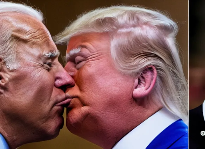 Prompt: a detailed photo of joe biden and donald trump kissing, putin laughing, 8 k