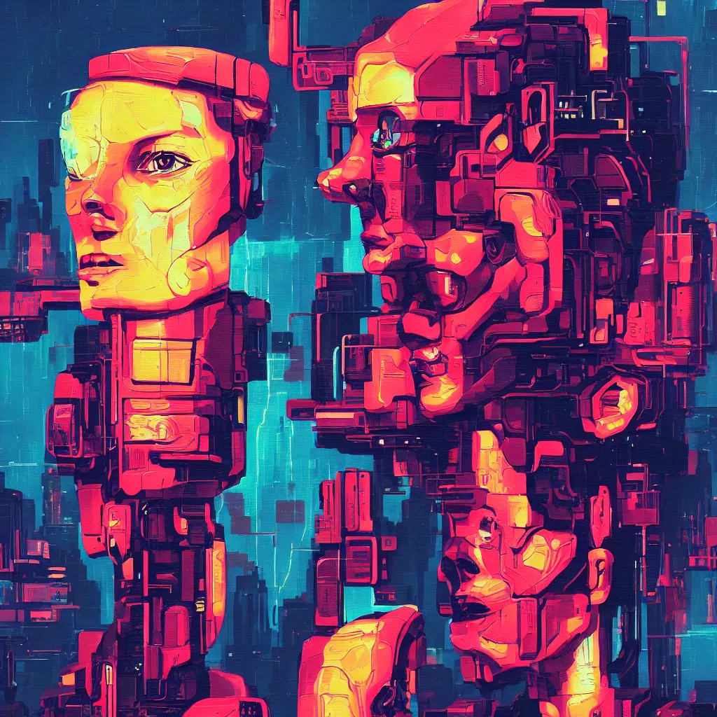 Image similar to a graph - style gouache impasto huge robot head in front of her, cyberpunk art by by james gilleard, cgsociety, retrofuturism, synthwave, retrowave, outrun