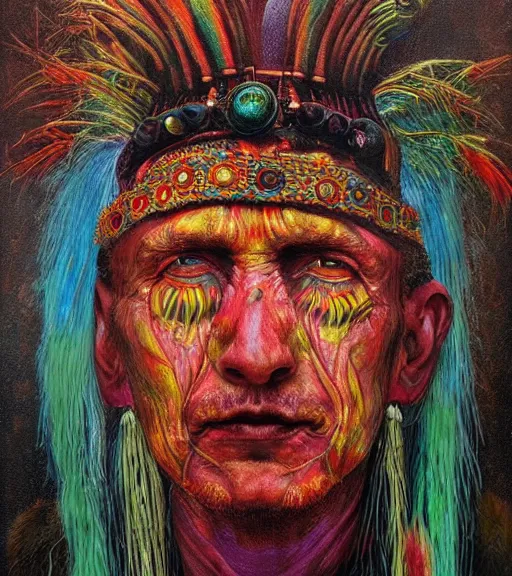 Image similar to Portrait painting in a style of Beksinski mixed with Alex Grey of an old shaman dressed in a colorful traditional clothes.