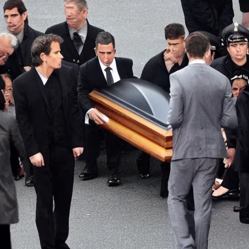 Image similar to ben stiller dressed in black, heartbroken at his father's burial, casket being lowered into the ground, a wailing woman in the background