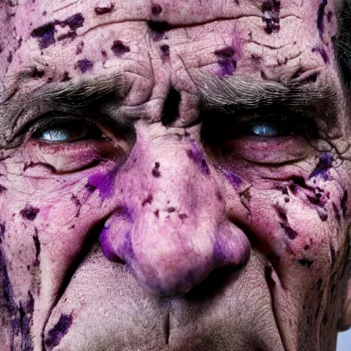 Prompt: real photograph of old face with purple scars, hd