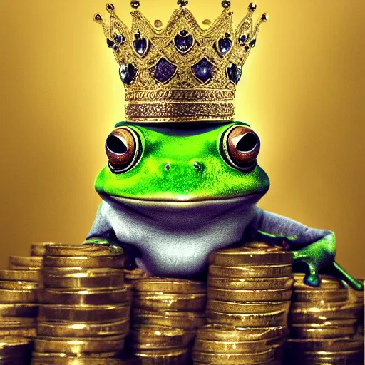 Prompt: green cartoon frog wearing royal crown on his head, surrounded by gold coins, trending on artstation, digital painting, desaturated, highly detailed, realistic, soft shadows, rim light 8 k