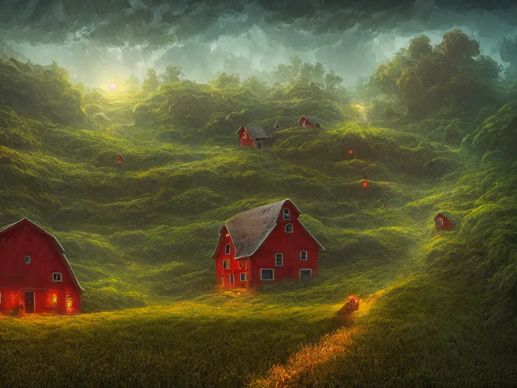 Image similar to Intricate detailed lush ravine with an isolated red barn next to a wheat crop at noon. Wide angle shot, surreal, dreamlike, fantasy, Artstation, Randy Vargas, Anato Finnstark, Bayard Wu, Marc Simonetti.