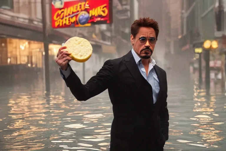 Image similar to tony stark holding cheese, flooded, new york, fog