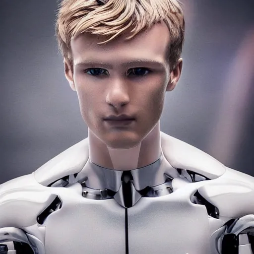 Image similar to a realistic detailed photo of a guy who is an attractive humanoid who is half robot and half humanoid, who is a male android, soccer player martin ødegaard, shiny skin, posing like a statue, blank stare, by the pool, on display, showing off his muscles, humanoid robot, hypnotized