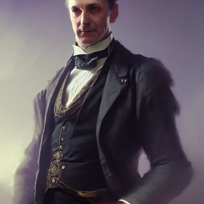 Image similar to portrait of a victorian politician, wearing a waistcoat, victorian, high detail, well lit, volumetric, godrays, vivid, trending on artstation, digital painting by jordan grimmer, art greg rutkowski