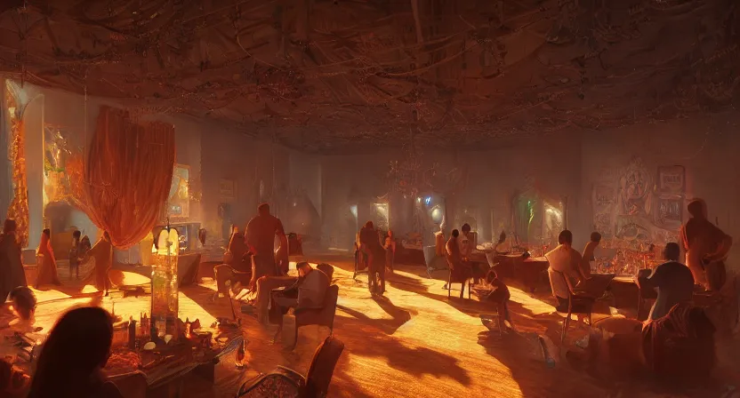 Image similar to a party. art by salman toor. global illumination, radiant light, detailed and intricate environment, atmospheric light, cinematic, trending on artstation