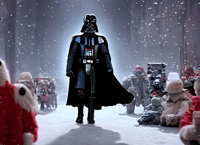 Image similar to film still of Darth Vader goes to the mall at Christmas time in the new Star Wars movie, 4k