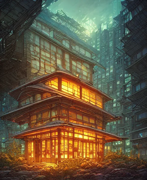 Image similar to a building made of exotic fungus, by dan mumford, yusuke murata, makoto shinkai, ross tran, cosmic, heavenly, god rays, intricate detail, cinematic, cel shaded, unreal engine, featured on artstation, pixiv