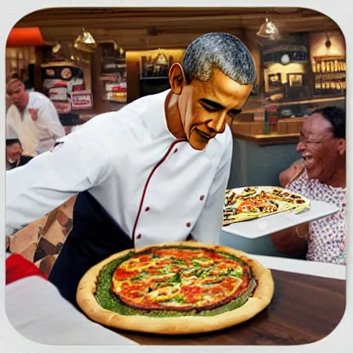 Prompt: “ diorama of barack obama serving pizza at an olive garden, actual photo, kind of like chuck e. cheese ”