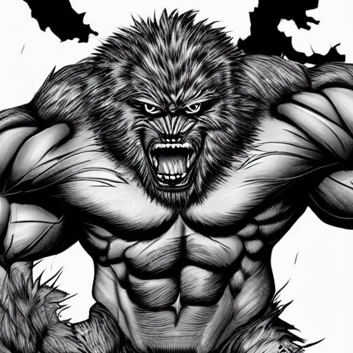 Prompt: a steroids werewolf with absurdly big muscles, intense expression, epic, high detail, high contrast