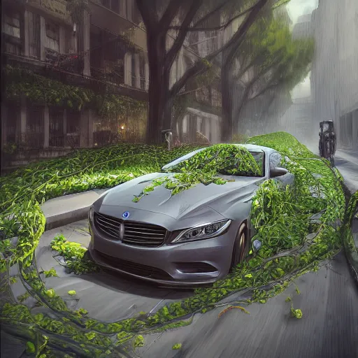 Image similar to a car overrun with vines, heonhwa choe, realistic, artstation