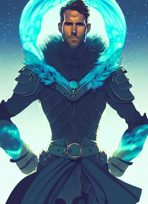 Prompt: style artgerm, joshua middleton, illustration, ryan reynolds as rune knight wearing green pelt light armor, anime eyes, blue hair, swirling water cosmos, fantasy, dnd, cinematic lighting