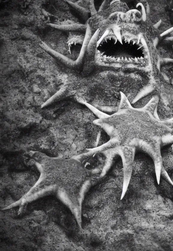 Image similar to North korean starfish monster, kaiju-eiga, thriller, monochrome, film grain, flare, backlit