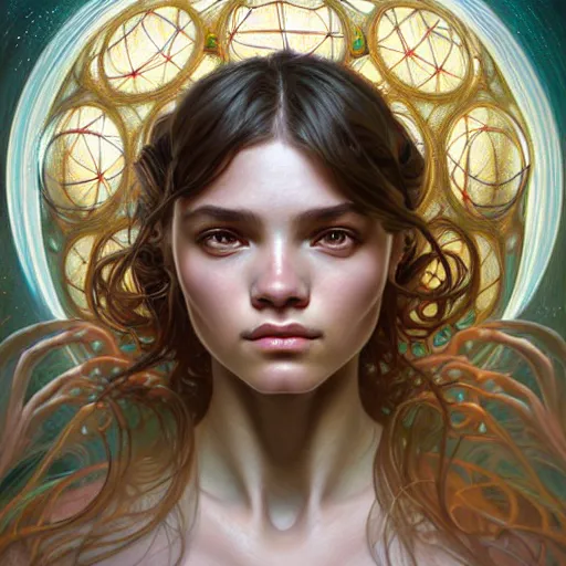Image similar to Portrait of a girl surrounded by floating orbs, face, fantasy, intricate, elegant, highly detailed, digital painting, artstation, concept art, smooth, sharp focus, illustration, art by Gil Bruvel and Fernanda Suarez and Artem Demura and alphonse mucha