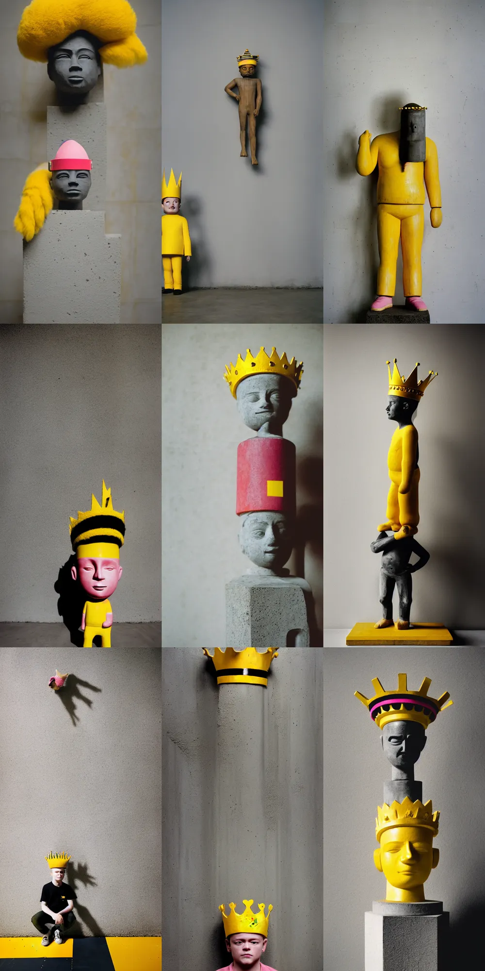 Image similar to kodak portra 4 0 0, 8 k, shot of a highly detailed, britt marling style, colour still - life portrait of a large minimalistic room, rough concrete walls, the wooden statue of a yellow black striped little man with pink crown on his head