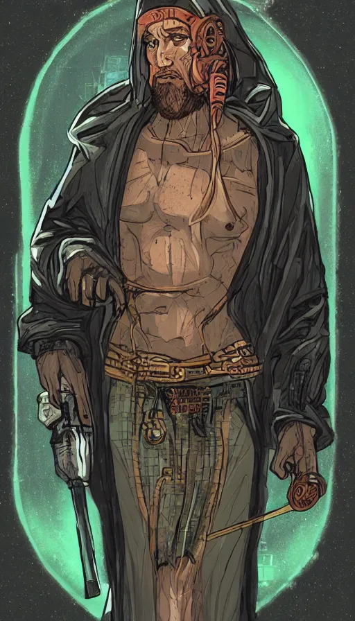 Image similar to a tarot card of the hermit, cyberpunk themed art, concept art