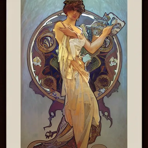 Image similar to alphonse mucha, j. c. leyendecker, and ruan jia combined art