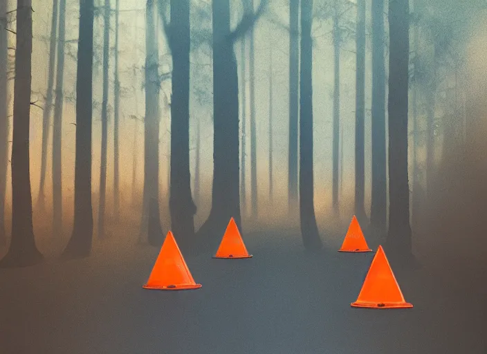 Image similar to a few orange safety cones in a beautiful strange forest, a lonely black hairy beast in the distance, cinematic painting by james jean, atomspheric lighting, moody lighting, dappled light, detailed, digital art, limited color palette, wes anderson, 2 4 mm lens, surreal