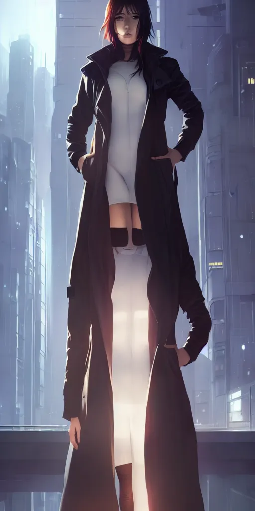 Image similar to realistic render of a cyborg - girl wearing a long trench coat by ross draws, futuristic dystopian city by ilya kuvshinov, digital anime art by ross tran, composition by sana takeda, lighting by greg rutkowski