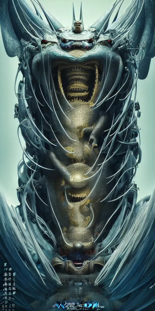 Prompt: exquisite imaginative creature beast from chinese mythology, sharp, ghost in the shell, slender and densely arranged teeth, poster art, movie art, poster art, poster art, elegant, by lucusfilm, weta studio and james jean, 8 k, denoised