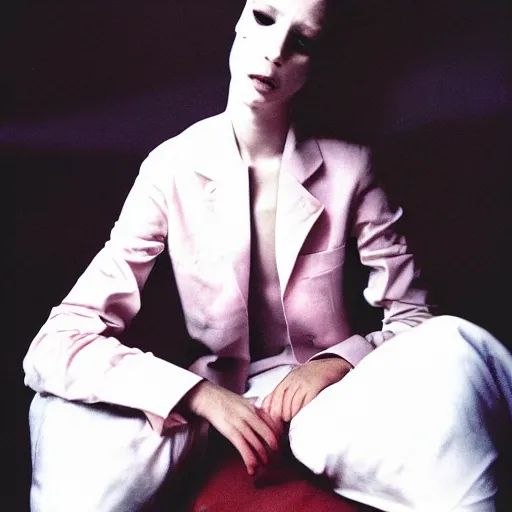 Image similar to chris morris wearing androgynous clothes by comme des garcons, portrait, 3 5 mm film, by david bailey, mariko mori, davide sorrenti