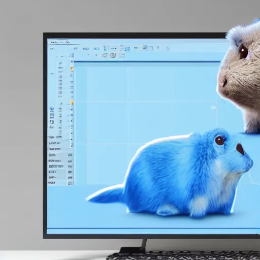 Image similar to a cute blue colored gopher with blue fur programming on multiple monitors displaying many spreadsheets, digital art, 3 d render, octane, post - processing