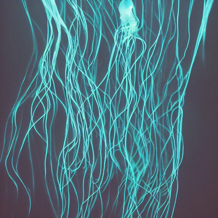 Image similar to luminescent, deep ocean ribbon jellyfish, 3 5 mm photograph