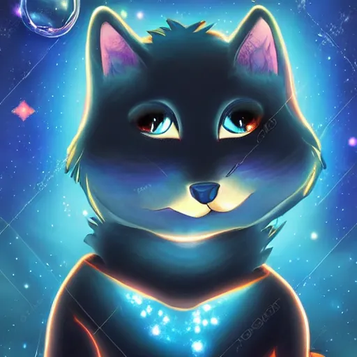 Prompt: A cute anthropomorphic blue cat man with sparkling galaxy, heavenly light, beautiful lighting, highly detailed digital art.