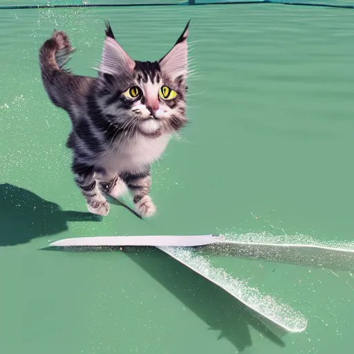 Prompt: Maine coon kitten is a Water skiing champion, action shot. 3D render