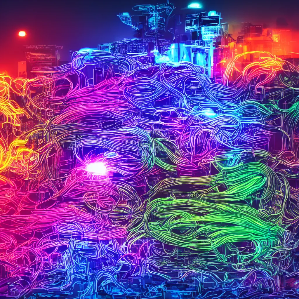 Prompt: mess of colorful cables, graphic art, cinematic lightning, neon lights