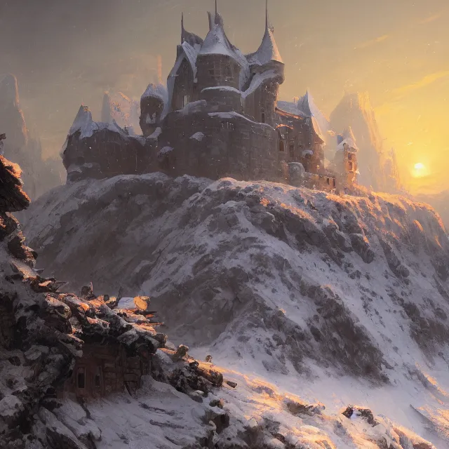 Prompt: a painting of a castle in the middle of a snowy mountain, a detailed matte painting by andreas rocha and greg rutkowski, sunset, crumbling ruins, dragons, desolation, featured on artstation, fantasy art, matte drawing, matte painting, artstation hq