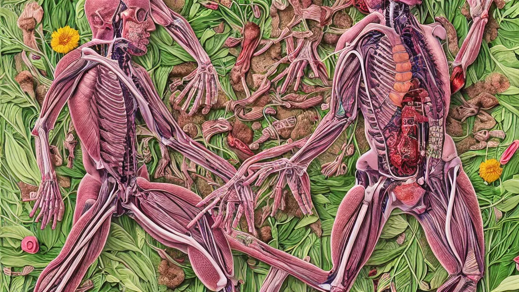 Prompt: highly detailed illustration of a human anatomy body exploded by all the known species of flowers by michael reedy